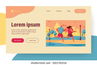 Gutes Cartoon-Paar beim Joggen im Sommerstädtpark. Flache Vektorgrafik. Sportler, die laufen, Sport treiben, Fitness genießen, gesund leben. Sport, Gesundheit, Hobby-Konzept