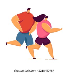 Happy cartoon couple doing jogging together in summer city park. Flat vector illustration. Athlete people running, doing sport, enjoying fitness, living healthy lifestyle. Sport health