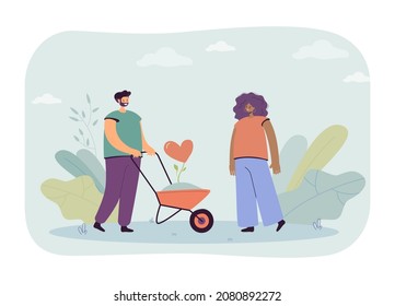 Happy cartoon couple with growing heart flower in wheelbarrow. Man confessing feeling to woman flat vector illustration. Love, romance, gardening concept for banner, website design or landing web page