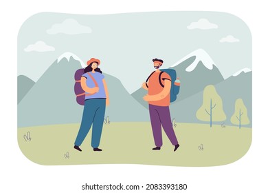 Happy cartoon couple hiking together in mountains. Male and female travelers on hike flat vector illustration. Camping, traveling, tourism concept for banner, website design or landing web page
