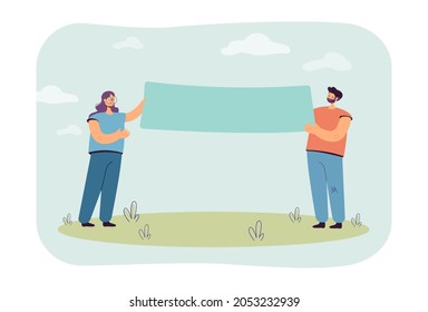 Happy cartoon couple holding blank banner together. Husband and wife showing advertisement flat vector illustration. Presentation, marketing concept for website design or landing web page