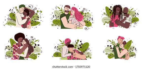 Happy cartoon couple hug set with people in love hugging each other