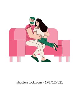 Happy cartoon couple hugging on a sofa - man and woman sitting on a pink couch in hug and smiling. Flat isolated vector illustration on white background.