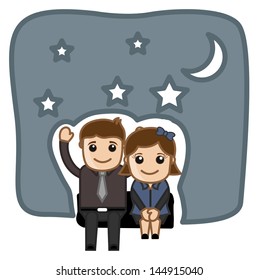 Happy Cartoon Couple in Night Vector Illustration