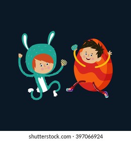 Happy  cartoon couple in suits Easter eggs. Happy easter cards with Easter eggs. Vector illustration.	