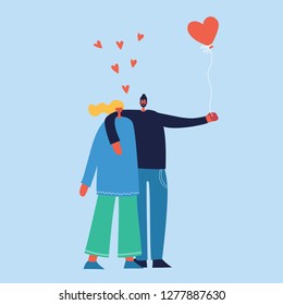 Happy cartoon couples in love. Happy lovers on date.Vector illustration isolated on blue background 