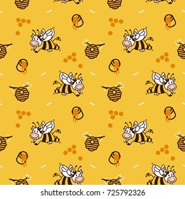 happy cartoon cow bee honey hive seamless pattern vector background