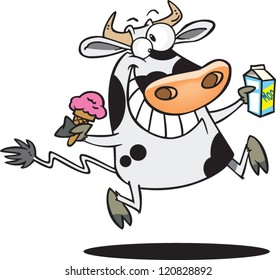 happy cartoon cow holding milk and an ice cream cone