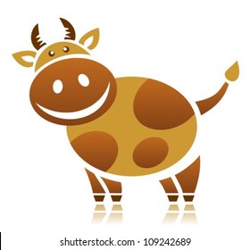 Happy cartoon cow isolated on white background. Vector illustration. Design element for leaflet, booklet, sticker, magnet or food packaging.