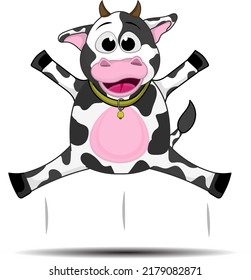 Happy cartoon cow jumping high from ground isolated on white background