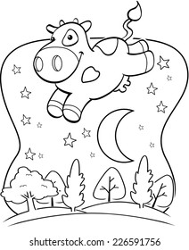 A Happy Cartoon Cow Jumping Over The Moon.