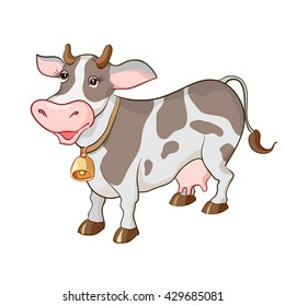 Happy cartoon cow on white background isolated. Cow for milk products package design. Cartoon cow for bio farm products, cow logo or cow concept. Vector illustration - cartoon cow stock vector.