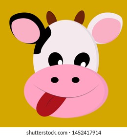 A happy cartoon of a cow with tongue stuck-out and with a big pink ear, vector, color drawing or illustration.