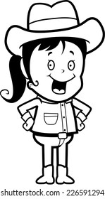 A happy cartoon cowgirl standing and smiling.
