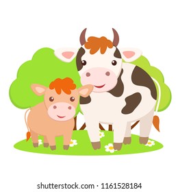 Happy cartoon cows on the grass isolated on a white. Vector illustration for kids. Domectic animals