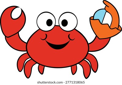 happy cartoon crab holding a shell 