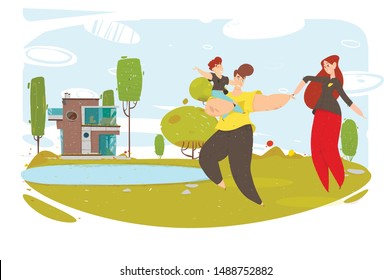 Happy Cartoon Craft Family and Country House Yard with Lake Design. Father, Mother and Son Having Fun. Flat Natural Landscape. Countryside Morning on Summer. Fresh Air. Ecological Vector Illustration