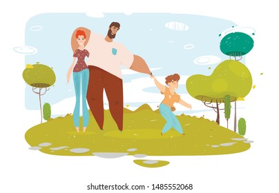 Happy Cartoon Craft Family Portrait on Nature. Father, Mother and Son Characters. Park, Garden or Forest Landscape. Overweight Man, Thin Woman and Naughty Boy. Flat Vector Eco Cutout Illustration