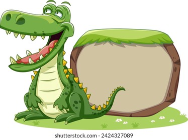 Happy cartoon crocodile beside an empty signboard.