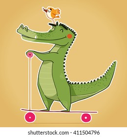 Happy cartoon crocodile with a bird on his head riding a scooter.