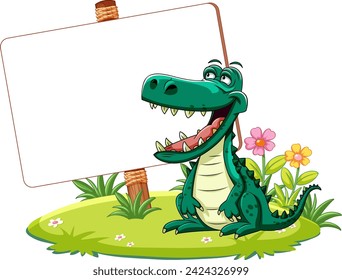 Happy cartoon crocodile holding an empty signboard