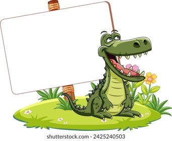 Happy cartoon crocodile holding an empty signboard.