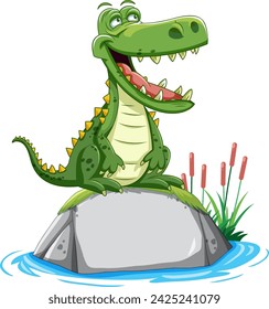 Cocodrilo de dibujos animados feliz sentado en una piedra