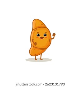 Happy cartoon croissant isolated on whute background. Cute croissant in flat style. Vector illustration