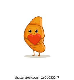 Happy cartoon croissant with red heart isolated on whute background. Cute croissant  in flat style for card, menu, valentines day. Vector illustration
