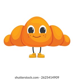 Happy cartoon croissant wearing yellow boots standing on white background