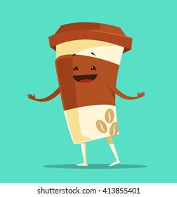 Happy Cartoon Cup Of Coffee. Vector Flat Illustration