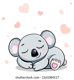 happy cartoon cute baby koala sleeps under heart, laughing vector sticker illustration isolated. card for boys and girls.