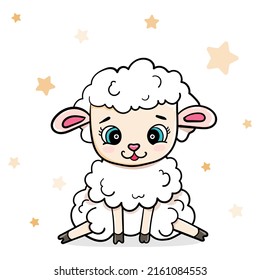 happy cartoon cute baby sheep sitting under stars and laughing vector illustration isolated. card for boys and girls.