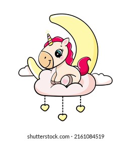 happy cartoon cute baby unicorn sitting on a cloud under moon and heart vector sticker illustration isolated card