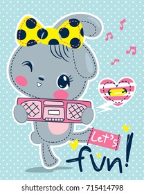 Happy cartoon cute rabbit wearing a bow and holding retro boombox have fun with music on polka dot background illustration vector.