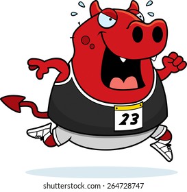 A happy cartoon devil running in a race.