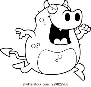 A happy cartoon devil running and smiling.