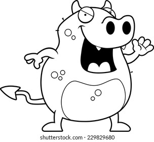 A happy cartoon devil waving and smiling.