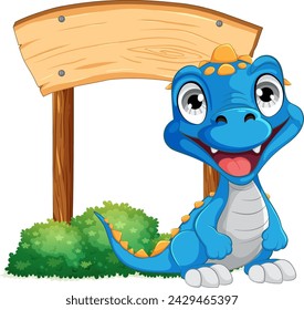 Happy cartoon dinosaur beside a wooden sign.