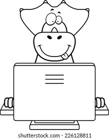 A happy cartoon dinosaur with a computer.
