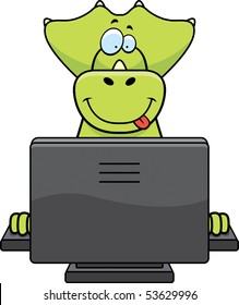 A happy cartoon dinosaur with a computer.
