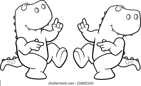 A happy cartoon dinosaur dancing and smiling.