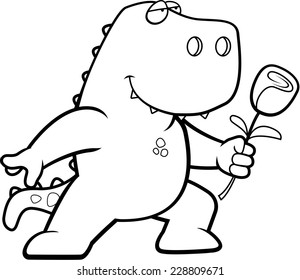 A happy cartoon dinosaur with a flower.