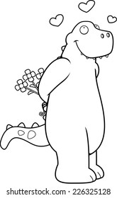 A happy cartoon dinosaur with flowers and in love.