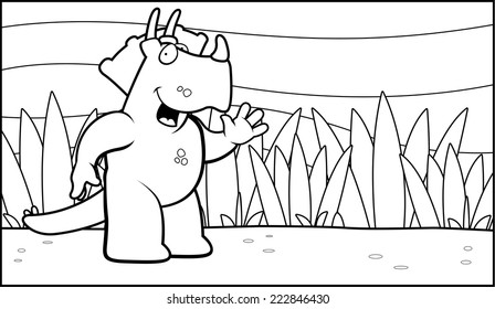 A happy cartoon dinosaur in the jungle.