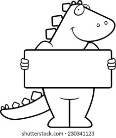 A happy cartoon dinosaur with a sign.