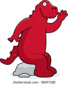 A happy cartoon dinosaur sitting and smiling.