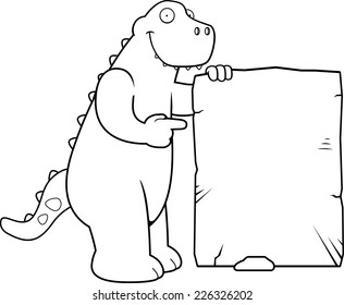 A happy cartoon dinosaur with a stone sign.