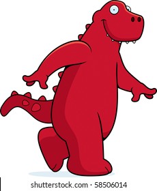 A happy cartoon dinosaur walking and smiling.