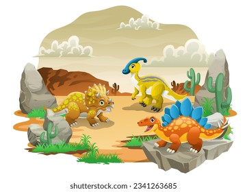 Happy Cartoon Dinosaurs at the Prehistoric Desert Land
